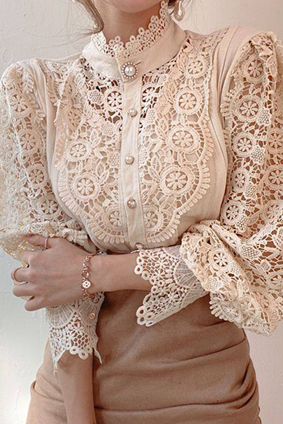 Elegant Patchwork Lace Hollowed Out Buckle Mandarin Collar Blouses(3 Colors)