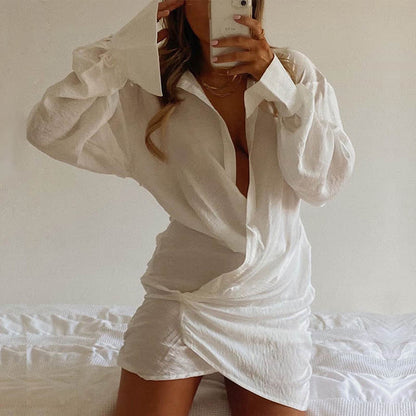 Long Sleeve Deep V Linen Shirt - Pearl White