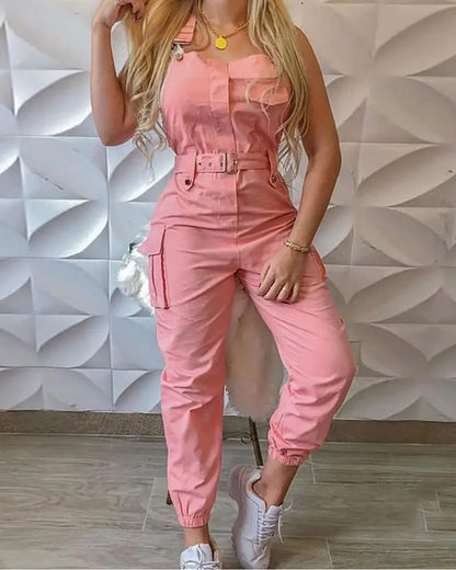 Trendy Jumpsuit - Cargo Overall with Belt
