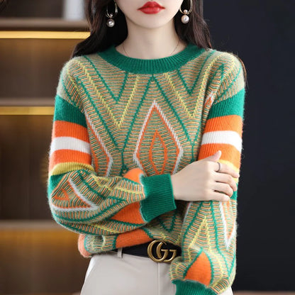 Iris A'leurs® - Elegant Green Orange Pattern Sweater