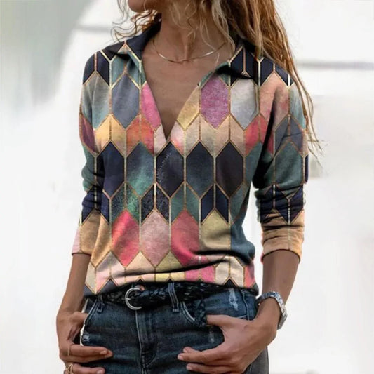 Lucia Comér® - Elegant Geometric Print V Neck Sweater
