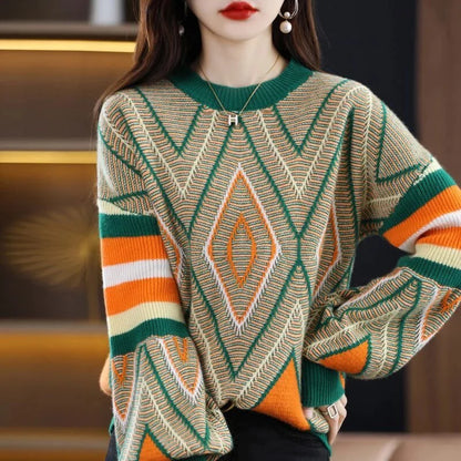 Iris A'leurs® - Elegant Green Orange Pattern Sweater