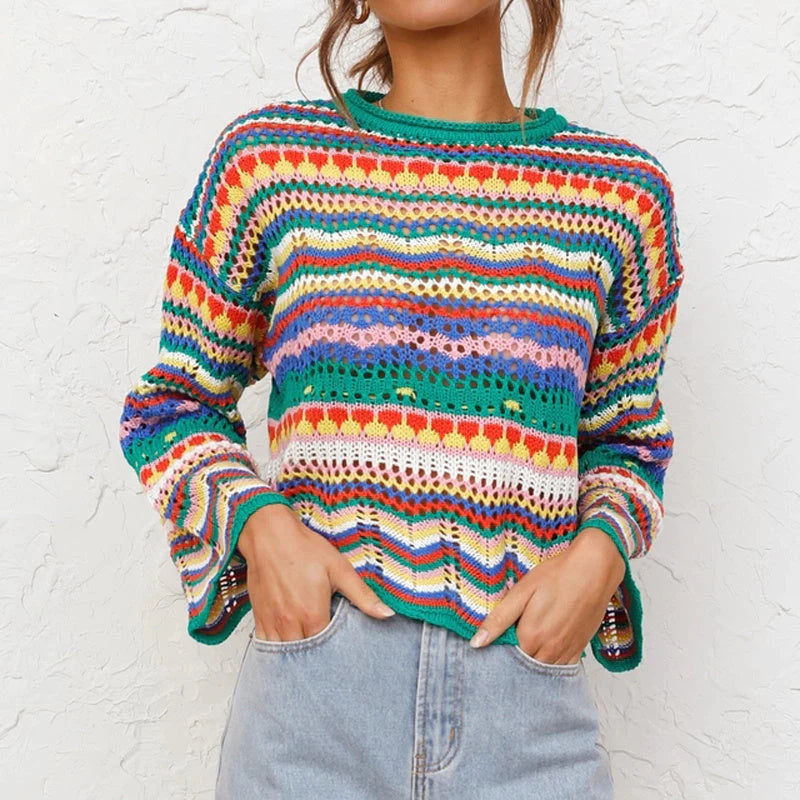 Natalie™ - Rainbow striped sweater in 70s style!